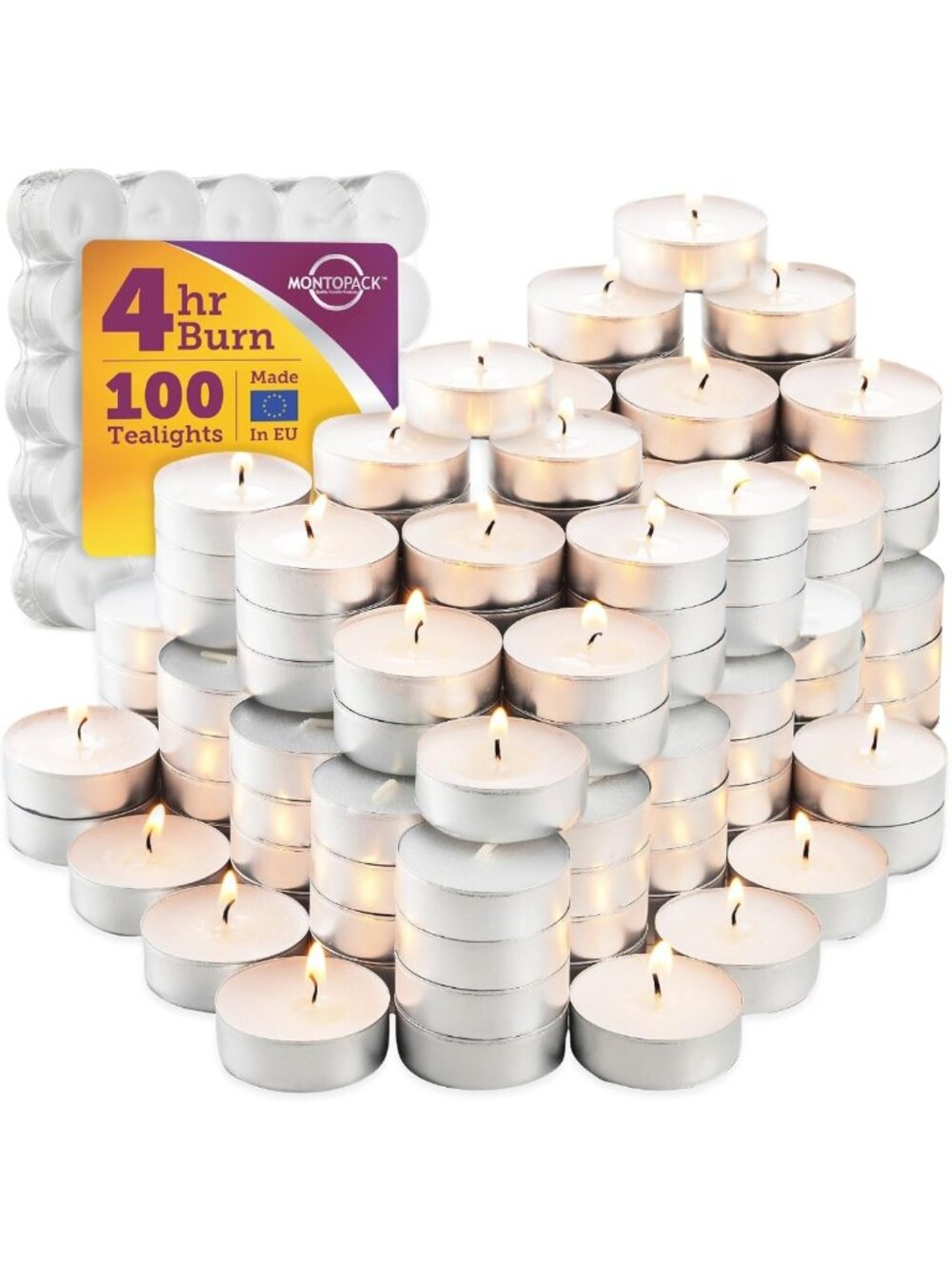100 Unscented Tea Light Candles | Long-Lasting, Smokeless, Dripless Votive for